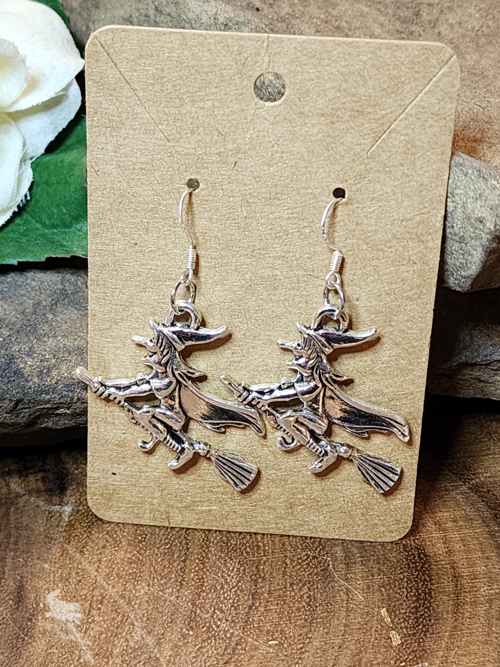 Silver Toned Witch on Broomstick Dangle Charn Earrings - Women Jewelry